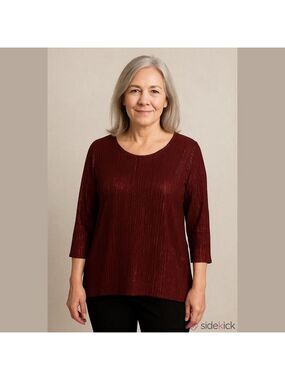 CJ Banks red ribbed metallic three-quarter length sleeve scoop neck blouse 2X